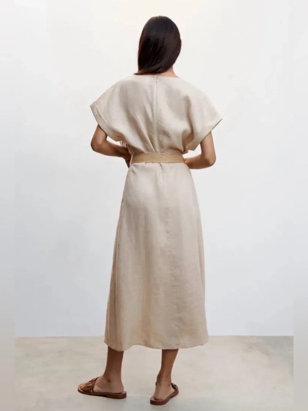 MNG Beige Linen Dress with Woven Belt